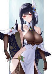 Rule 34 | 1girl, absurdres, azur lane, bare shoulders, blue flower, bodystocking, breasts, brown gloves, chen hai (azur lane), chen hai (retrofit) (azur lane), cleavage, clothes pull, dress, elbow gloves, flower, flower ornament, frozen-sad, gem, gloves, green gemstone, highres, hip vent, large breasts, long hair, looking at viewer, pelvic curtain, pulling own clothes, red eyes, see-through, see-through cleavage, skindentation, solo, strap pull, taut clothes, taut dress, tight clothes, tight dress