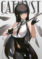 Rule 34 | 1girl, arknights, black gloves, black hair, black necktie, black pants, blunt bangs, bow (music), breasts, clothing cutout, collared shirt, commentary, cover, cowboy shot, detached wings, eyyy, gloves, high-waist pants, highres, holding, holding bow (music), long hair, looking at viewer, magazine cover, medium breasts, navel, navel cutout, necktie, pants, shirt, sleeveless, sleeveless shirt, solo, very long hair, virtuosa (arknights), white shirt, wings