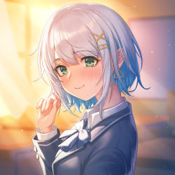 Rule 34 | 1girl, blush, classroom, closed mouth, collared shirt, day, desk, earrings, green eyes, hair ornament, hairpin, jewelry, long sleeves, looking at viewer, makamati, original, ribbon, school desk, shirt, smile, solo, white hair, white shirt