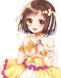 Rule 34 | 1girl, :d, bang dream!, bare shoulders, bob cut, bow, bowtie, brown eyes, brown hair, choker, collarbone, detached sleeves, dress, drop shadow, frilled dress, frilled sleeves, frills, hair ribbon, hazawa tsugumi, heart, holding, holding microphone, idol, microphone, nameneko (124), open mouth, orange bow, orange bowtie, orange choker, pointing, pointing at self, ribbon, short hair, short sleeves, smile, solo, white background, white ribbon, wrist bow, yellow dress