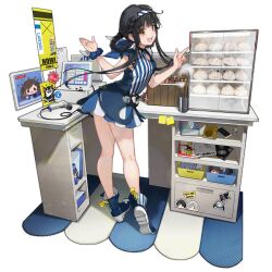 Rule 34 | 1girl, adeline (girls&#039; frontline), alina (girls&#039; frontline), animal bag, baozi, barcode scanner, black hair, blue dress, blue footwear, blue hairband, blue scrunchie, boots, braid, breasts, cabinet, cash register, cashier, cat bag, cellphone, cleavage cutout, clipboard, clothing cutout, colored shoe soles, company name, copyright name, counter, dinergate (girls&#039; frontline), dress, english text, food, food art, french braid, full body, girls&#039; frontline, goliath (girls&#039; frontline), griffin &amp; kryuger, hairband, highres, imoko (imonatsuki), index finger raised, lawson, leaning forward, legs, long hair, looking at viewer, looking back, medium breasts, no socks, notepad, nyto (girls&#039; frontline), official alternate costume, official art, open mouth, paradeus, phone, qbu-88 (girls&#039; frontline), qbu-88 (morning au lait) (girls&#039; frontline), sangvis ferri, scissors, scrunchie, shoe soles, simple background, sleeveless, sleeveless dress, smartphone, smile, solo, standing, steam, sticker, sticky note, store clerk, striped clothes, striped dress, striped footwear, striped hairband, tablet pc, tako-san wiener, teeth, tissue box, transparent background, upper teeth only, vertical-striped clothes, vertical-striped dress, vertical-striped footwear, white hairband, wrist scrunchie, yellow eyes