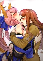 Rule 34 | 2girls, animal ear fluff, animal ears, blue bow, blue kimono, blush, bow, breasts, brown hair, fate/extra, fate (series), fox ears, fox girl, fox tail, highres, hug, japanese clothes, kimono, kishinami hakuno (female), large breasts, licking, licking another&#039;s neck, multiple girls, pink hair, ponytail, school uniform, tail, tamamo (fate), tamamo no mae (fate/extra), tsukumihara academy uniform (fate/extra), tsukumihara academy uniform (fate/extra ccc), wisespeak, yuri