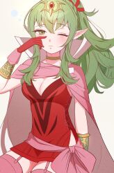 Rule 34 | 1girl, breasts, cape, cleavage, closed mouth, dress, fire emblem, fire emblem awakening, gloves, gmais2514, green eyes, green hair, highres, long hair, looking at viewer, medium breasts, nintendo, one eye closed, pink cape, pointy ears, ponytail, red dress, red gloves, short dress, sleepy, solo, tiki (adult) (fire emblem), tiki (fire emblem), white background