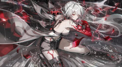 Rule 34 | 1girl, absurdres, acheron (honkai: star rail), battoujutsu stance, black shorts, body markings, fighting stance, hair over one eye, highres, holding, holding weapon, honkai: star rail, honkai (series), katana, official alternate color, official alternate eye color, official alternate hair color, rain, ready to draw, red eyes, shorts, solo, sword, weapon, white hair, xude
