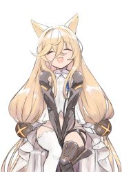 Rule 34 | 1girl, 4410 (kanimiso), :d, absurdres, animal ears, between legs, blonde hair, closed eyes, commentary request, dress, fang, g41 (girls&#039; frontline), girls&#039; frontline, hair between eyes, hair ornament, hand between legs, highres, long hair, mechanical arms, mechanical legs, navel, open mouth, panties, single mechanical leg, single thighhigh, sitting, skin fang, smile, solo, thighhighs, twintails, underwear, very long hair, white background, white dress, white panties