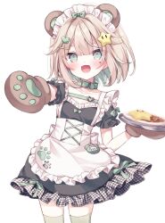 Rule 34 | 1girl, :d, animal ears, animal hands, apron, bear ears, black dress, blush, bow, brown gloves, collar, collarbone, commentary request, dress, facial mark, food, frilled apron, frilled dress, frills, gloves, green bow, green collar, green eyes, green hair, hair bow, hair ornament, hairclip, heart, heart hair ornament, highres, holding, holding tray, hoshi (snacherubi), light brown hair, maid, maid headdress, multicolored hair, open mouth, original, outstretched arm, paw gloves, plaid, plate, puffy short sleeves, puffy sleeves, short sleeves, simple background, smile, solo, star (symbol), star hair ornament, tray, two-tone hair, white apron, white background