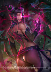 Rule 34 | 1girl, artist name, ass, aura, back, capcom, drill hair, evil grin, evil smile, glowing, glowing eye, glowing hand, grin, han juri, looking back, neoartcore, pink eyes, smile, solo, street fighter, street fighter iv (series), toned, twin drills
