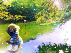 Rule 34 | 1girl, black hair, blue dress, curly hair, dark-skinned female, dark skin, day, dress, long hair, onsta, original, outdoors, partially submerged, puffy short sleeves, puffy sleeves, reflection, short sleeves, sign, signature, solo, star (symbol), tree, wading, wide shot