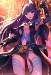 Rule 34 | 1girl, :d, ahoge, armpits, belt, blue thighhighs, blurry, blurry background, breasts, capelet, center opening, cleavage, clothing cutout, coat, commentary request, cowboy shot, curled horns, elbow gloves, gauntlets, gloves, headpiece, highres, holding, holding sword, holding weapon, horns, light rays, long hair, looking at viewer, medium breasts, mizuya nao, navel, navel cutout, open mouth, princess connect!, purple belt, purple capelet, purple coat, purple eyes, purple gloves, purple hair, purple skirt, rei (princess connect!), sheath, sheathed, sideboob, sidelocks, skirt, sleeveless, sleeveless coat, smile, solo, standing, striped clothes, striped gloves, sunbeam, sunlight, sword, teeth, thighhighs, unsheathed, upper teeth only, vertical-striped clothes, vertical-striped gloves, weapon, zettai ryouiki
