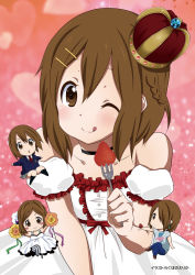 Rule 34 | 1girl, :&gt;, :p, :q, bad id, bad pixiv id, bare shoulders, blush, brown eyes, brown hair, chibi, dress, flower, food, fork, fruit, hair ornament, hairclip, hirasawa yui, holding, holding food, holding fork, holding fruit, k-on!, looking at viewer, official style, one eye closed, ragho no erika, short hair, smile, strawberry, tongue, tongue out, wink