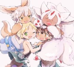 Rule 34 | 1boy, 1other, 2girls, animal ears, backless outfit, brown eyes, brown fur, brown hair, extra arms, extra tails, fangs, faputa, fewer digits, green eyes, happy, highres, horizontal pupils, kurage2535, made in abyss, mechanical arms, multiple girls, nanachi (made in abyss), rabbit ears, rabbit tail, regu (made in abyss), riko (made in abyss), short hair, smile, tail, whiskers, white fur, white hair
