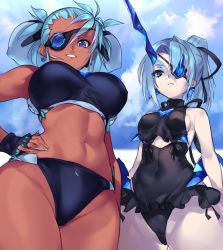 Rule 34 | 2girls, alternate costume, bare shoulders, bikini, black bikini, blue eyes, blue hair, blue nails, blush, breasts, casual one-piece swimsuit, closed mouth, cloud, cloudy sky, commentary request, covered navel, dark skin, dark-skinned female, day, earrings, eyepatch, frilled swimsuit, frills, from below, groin, hand on own hip, highres, horns, jewelry, long hair, looking at viewer, looking down, medium breasts, multiple girls, nail polish, navel, negresco, nintendo, one-piece swimsuit, one eye covered, open mouth, outdoors, pale skin, praxis (xenoblade), short hair, sideboob, simple background, single horn, sky, smile, swimsuit, theory (xenoblade), twintails, white background, xenoblade chronicles (series), xenoblade chronicles 2