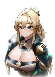Rule 34 | 1girl, absurdres, blonde hair, blue capelet, blue eyes, blush, bow, breasts, capelet, cleavage, genshin impact, hair bow, highres, jean (genshin impact), large breasts, long hair, looking at viewer, multicolored capelet, perfellcsaiko, ponytail, sidelocks, smile, solo