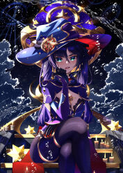 Rule 34 | 1girl, absurdres, black choker, black gloves, breasts, brooch, bubble, candle, candlelight, choker, constellation, crossed legs, elbow rest, genshin impact, gloves, green eyes, hat, highres, jewelry, leotard, long hair, looking at viewer, mona (genshin impact), night, night sky, nithros, open mouth, pantyhose, purple hair, purple leotard, sitting, sky, small breasts, solo, sparkle print, stairs, teeth, thighlet, twintails, upper teeth only, v-shaped eyebrows, water, witch hat