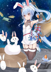 Rule 34 | &gt; &lt;, &gt;o&lt;, 1girl, :3, :t, alternate costume, alternate hairstyle, animal bag, animal ear fluff, animal ears, arms up, bag, blue choker, blue footwear, blue hair, breasts, brown gloves, brown thighhighs, carrot hair ornament, choker, closed mouth, commentary request, covered collarbone, covered navel, crater, dress, elbow gloves, food, food-themed hair ornament, garter straps, gloves, hair ornament, helmet, highres, holding, holding mallet, hololive, long hair, looking away, looking down, mallet, mochi, mochitsuki, moon, moon rabbit, mortar (bowl), multicolored hair, pekomon (usada pekora), orange eyes, pom pom (clothes), ponytail, rabbit-shaped pupils, rabbit ears, rabbit girl, sherryqq, short dress, short eyebrows, sidelocks, sleeveless, sleeveless dress, small breasts, space, star (sky), symbol-shaped pupils, thick eyebrows, thighhighs, turtleneck, two-tone hair, usada pekora, v-shaped eyebrows, very long hair, virtual youtuber, wheelbarrow, white dress, white hair, white headwear