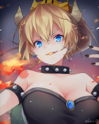 Rule 34 | 1girl, black dress, black nails, blonde hair, blue eyes, blurry, blurry background, bowsette, bracelet, breasts, breath weapon, breathing fire, cleavage, collar, crown, depth of field, dress, earrings, fangs, fingernails, fire, hand up, horns, jewelry, kuroi (liar-player), large breasts, looking at viewer, mario (series), nail polish, nintendo, ponytail, smile, solo, sparks, spiked bracelet, spiked collar, spikes, super crown, twitter username, upper body