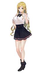 Rule 34 | 1girl, ankle boots, bare legs, belt, black bow, black bowtie, black footwear, blonde hair, boots, bow, bowtie, breasts, closed mouth, clothing cutout, collared shirt, frilled sleeves, frills, full body, game cg, green eyes, haishin 2, hand on own hip, hand up, heel up, high-waist skirt, highres, himemiya miyabi, large breasts, long hair, looking at viewer, miniskirt, official art, pleated skirt, shiny skin, shirt, shirt tucked in, short sleeves, shoulder cutout, sidelocks, single horizontal stripe, skirt, solo, standing, swept bangs, tachi-e, transparent background, very long hair, wavy hair, white shirt, wing collar