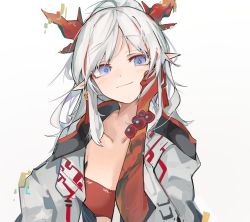 Rule 34 | 1girl, arknights, arm tattoo, bandeau, bead bracelet, beads, blue eyes, bracelet, collarbone, colored skin, dragon horns, ear piercing, hand up, highres, horns, jacket, jewelry, looking at viewer, mikozin, nian (arknights), open clothes, open jacket, piercing, pointy ears, red bandeau, red hair, red skin, simple background, smile, solo, tattoo, upper body, white background, white hair, white jacket