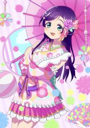 Rule 34 | 1girl, aqua bow, aqua eyes, arm between breasts, arm garter, artist name, artist request, bare legs, bare shoulders, blush, bow, breasts, female focus, floral print, flower, flower print, green eyes, hair flower, hair ornament, hairclip, highres, holding, holding umbrella, japanese clothes, kimono, kimono skirt, leaf hair ornament, long hair, looking at viewer, love live!, love live! school idol festival, love live! school idol festival all stars, love live! school idol project, medium breasts, obi, parted lips, pink bow, pink flower, pink kimono, pink skirt, pink umbrella, puffy short sleeves, puffy sleeves, purple bow, purple flower, purple hair, sash, short sleeves, skirt, smile, solo, tojo nozomi, umbrella