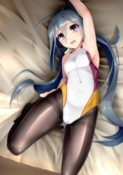 Rule 34 | 10s, 1girl, ahoge, alternate costume, arm up, armpits, breasts, competition swimsuit, covered erect nipples, covered navel, eyebrows, gluteal fold, grey hair, hair between eyes, hand on own thigh, hassen (8cm), highleg, highleg swimsuit, kantai collection, kiyoshimo (kancolle), long hair, looking at viewer, lying, navel, one-piece swimsuit, open mouth, pantyhose, pantyhose under swimsuit, purple eyes, small breasts, solo, swimsuit, thighband pantyhose, very long hair
