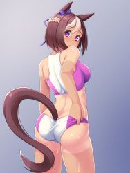 Rule 34 | 1girl, :o, adjusting clothes, alfort (may0508), animal ears, ass, back, bad id, bad pixiv id, bare shoulders, blush, bow, breasts, brown hair, hair bow, highres, horse ears, horse girl, horse tail, looking at viewer, looking back, medium breasts, multicolored hair, open mouth, purple eyes, short hair, solo, special week (umamusume), sports bikini, sweat, tail, tan, tanline, track and field, two-tone hair, umamusume