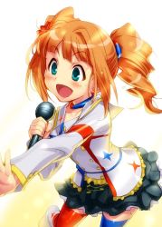 Rule 34 | 1girl, aqua eyes, backlighting, blush, boots, brown hair, choker, flower, hair flower, hair ornament, idol, idolmaster, idolmaster (classic), idolmaster movie, microphone, open mouth, smile, solo, takatsuki yayoi, thighhighs, twintails, white background, zen