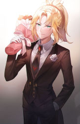 Rule 34 | 1girl, alternate costume, artist name, bad id, bad pixiv id, black jacket, black pants, blonde hair, braid, closed mouth, coattails, collared shirt, commentary request, cowboy shot, fate/grand order, fate (series), flower, formal, gloves, green eyes, grey flower, hand in pocket, hand up, highres, holding, jacket, koa (koa 124), long hair, long sleeves, looking at viewer, mordred (fate), mordred (fate/apocrypha), mordred (formal dress) (fate), necktie, pant suit, pants, ponytail, red flower, rose, shirt, smile, solo, suit, tuxedo, white gloves, white shirt