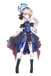 Rule 34 | alternate costume, alternate hairstyle, arm up, bare shoulders, black dress, blonde hair, blue archive, blue dress, blue eyes, boots, breasts, closed mouth, collar, dress, expressionless, flower, full body, garter straps, halo, highres, knee boots, long hair, looking at viewer, medium breasts, moeki yuuta, multicolored clothes, pink flower, puffy dress, purple flower, simple background, thigh strap, thighhighs, toki (blue archive), white background, white collar, white thighhighs, wrist cuffs