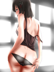 Rule 34 | 1girl, ass, black bra, black hair, blush, bra, breasts, brown eyes, butt crack, closed mouth, dimples of venus, haguro (kancolle), hair ornament, hairclip, highres, kantai collection, looking at viewer, medium breasts, short hair, solo, sunlight, tama (tamago), underwear, window