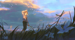 Rule 34 | 1boy, alzi xiaomi, arm up, belt, bird, blonde hair, blue eyes, brown belt, brown pants, cloud, cloudy sky, commentary request, from below, grass, hair between eyes, highres, holding, holding stick, link, long hair, long sleeves, looking away, male focus, midriff peek, nintendo, outdoors, pants, parted lips, pointy ears, pouch, sky, solo, standing, stick, sunlight, the legend of zelda, the legend of zelda: breath of the wild, white sleeves
