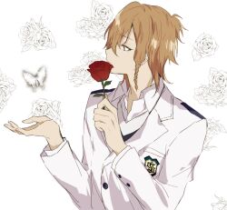 Rule 34 | 1boy, blazer, brown eyes, bug, butterfly, collared shirt, dance with devils, facing to the side, flower, holding, holding flower, insect, jacket, light brown hair, long sleeves, male focus, qi7pi, red flower, red rose, rose, shirt, sogami urie, solo, white background, white butterfly, white flower, white jacket, white rose, white shirt