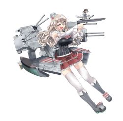 Rule 34 | 2girls, aircraft, airplane, anchor, boots, bow, bowtie, brown eyes, cannon, corset, fairy (kancolle), full body, grey hair, hair between eyes, hat, kantai collection, long hair, looking at viewer, machinery, mini hat, miniskirt, multiple girls, one eye closed, pola (kancolle), shirt, simple background, skirt, smile, thick eyebrows, thighhighs, tilted headwear, turret, udukikosuke, wavy hair, white background, white legwear, white shirt
