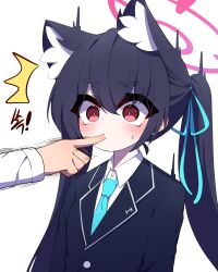 Rule 34 | 1girl, 1other, absurdres, animal ear fluff, animal ears, black hair, blue archive, blush, cat ears, finger in another&#039;s mouth, hair ribbon, halo, highres, jacket, long hair, necktie, o2h2 oh4, out of frame, red eyes, ribbon, serika (blue archive), tagme, twintails, white background