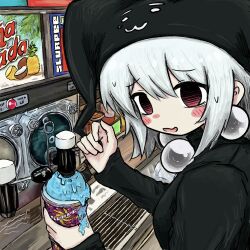 Rule 34 | 1girl, black hat, black shirt, bubbacterial, cup, earrings, from side, grey hair, hands up, hat, highres, holding, holding cup, jester cap, jewelry, large earrings, long sleeves, looking at viewer, mayura, open mouth, red eyes, shirt, short hair, sidelocks, smile, soda fountain, solo, turtleneck, ukagaka, upper body