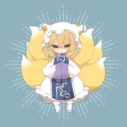 Rule 34 | 1girl, animal ears, animal hat, blonde hair, blue tabard, cat ears, chibi, dress, fox ears, fox tail, full body, gap (touhou), hands in opposite sleeves, hat, kitsune, mob cap, multiple tails, no headwear, short hair, tabard, tail, touhou, yaco (nuitnotte), yakumo ran, yellow eyes