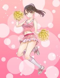 Rule 34 | 1girl, bare shoulders, blush, bomhat, breasts, brown eyes, brown hair, cheerleader, clothes writing, english text, full body, highres, katou megumi, kneehighs, long hair, looking at viewer, medium breasts, miniskirt, navel, open mouth, pink background, pleated skirt, pom pom (cheerleading), ponytail, saenai heroine no sodatekata, scrunchie, short hair, skirt, socks, solo, standing, standing on one leg