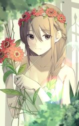 Rule 34 | 1girl, absurdres, bare shoulders, blurry, blurry foreground, bokeh, braid, braided ponytail, breasts, brown eyes, brown hair, cleavage, closed mouth, collarbone, commentary, depth of field, eyelashes, flower, foliage, french braid, hair between eyes, hair flower, hair ornament, highres, holding, holding flower, long hair, looking at viewer, medium breasts, michelan, original, plant, rainbow gradient, sidelocks, solo, symbol-only commentary, upper body, wreath
