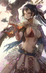 Rule 34 | 1girl, absurdres, bikini, bikini top only, bird, black hair, breasts, brown eyes, chinese zodiac, cleavage, cloak, cowboy shot, facial mark, feathers, fur trim, gauntlets, gloves, hand on own hip, highres, holding, holding smoking pipe, large breasts, long hair, looking to the side, midriff, navel, original, pants, parted lips, plaster (2501), ponytail, red bikini, red gloves, single gauntlet, smile, smoking pipe, solo, swimsuit, year of the rooster