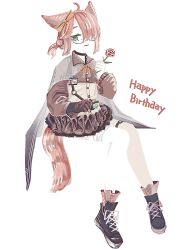 Rule 34 | 1girl, animal ears, arknights, bandaged leg, bandages, black footwear, blending, brown shirt, brown skirt, brown socks, cape, cat ears, cat tail, colored skin, green eyes, grey cape, hair ribbon, happy birthday, highres, invisible chair, long sleeves, looking at viewer, mugioec, myrrh (arknights), neck ribbon, pink hair, puffy long sleeves, puffy sleeves, ribbon, shirt, shoes, short hair, short ponytail, simple background, sitting, skirt, smile, socks, solo, tail, thigh strap, white background, white skin, yellow ribbon