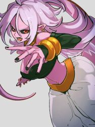 Rule 34 | 1girl, android 21, black sclera, colored sclera, colored skin, dragon ball, dragon ball fighterz, grey background, kemachiku, looking at viewer, majin android 21, pink skin, pointy ears, red eyes, simple background, solo, tail