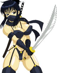 Rule 34 | 1girl, breasts, cameltoe, cleft of venus, covered erect nipples, large breasts, lowres, ninja, raku, thong, warner, weapon