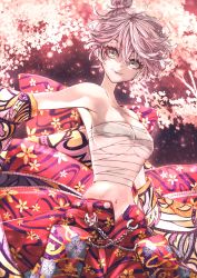 Rule 34 | 1girl, breasts, cherry blossoms, closed mouth, eyelashes, female focus, floral print, hair between eyes, highres, japanese clothes, jewelry, kimono, lips, looking at viewer, medium breasts, midriff, navel, original, sarashi, short hair, smile, solo, sword, upper body, weapon, yoru shiki