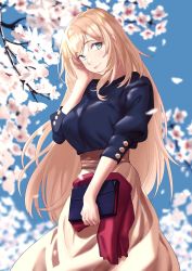 Rule 34 | 1girl, alternate costume, atago (kancolle), black shirt, blonde hair, breasts, cherry blossoms, commentary request, cowboy shot, flower, green eyes, handbag, highres, kantai collection, large breasts, light brown skirt, long hair, looking at viewer, shingyou (alexander-13), shirt, solo, standing