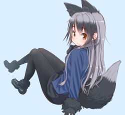 Rule 34 | 1girl, animal ears, black footwear, black hair, black pantyhose, black skirt, blazer, blue background, blue jacket, brown eyes, closed mouth, commentary, extra ears, fox ears, fox tail, from behind, fur-trimmed sleeves, fur trim, grey hair, highres, jacket, kemono friends, leaning back, long hair, looking at viewer, looking back, miniskirt, multicolored hair, pantyhose, pleated skirt, retsumaru, shoes, silver fox (kemono friends), simple background, sitting, skirt, solo, tail