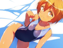 Rule 34 | 10s, 1girl, blue one-piece swimsuit, breasts, brown eyes, brown hair, cleavage, competition swimsuit, hair between eyes, hoshizora rin, leaning forward, looking at viewer, love live!, love live! school idol project, merumayu, one-piece swimsuit, orange hair, paw pose, petite, short hair, smile, solo, swimsuit, yellow eyes, ytk (yutta-p)