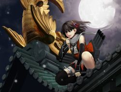 Rule 34 | 10s, 1girl, absurdres, brown hair, elbow gloves, full moon, gloves, hair ornament, highres, hinoyama ena, kantai collection, moon, scarf, sendai (kancolle), sendai kai ni (kancolle), short hair, skirt, smile, solo, torpedo, two side up