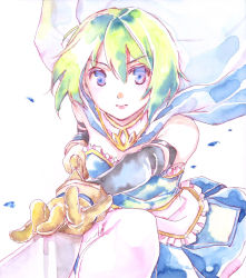 Rule 34 | 10s, 1girl, alternate hair color, bare shoulders, blue eyes, cape, detached sleeves, foreshortening, gloves, green hair, highres, lips, looking at viewer, magical girl, mahou shoujo madoka magica, miki sayaka, nacht (nacht 01), painting (medium), simple background, skirt, solo, sword, thighhighs, traditional media, watercolor (medium), weapon, white background