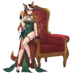 Rule 34 | 1girl, animal ears, armchair, bare legs, belt, black footwear, black gloves, breasts, brown hair, chair, cleavage, cleavage cutout, clothing cutout, covered navel, cup, dress, drink, drinking glass, epaulettes, full body, gloves, green dress, high heels, highres, holding, holding cup, horse ears, horse girl, horse tail, horseshoe ornament, large breasts, light brown hair, looking at viewer, multicolored hair, parted lips, pelvic curtain, purple eyes, simple background, single bare shoulder, smile, solo, streaked hair, symboli rudolf (umamusume), tail, thigh strap, umamusume, vococo, white background
