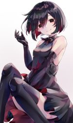 Rule 34 | 1girl, absurdres, bare shoulders, black dress, black eyes, black gloves, black hair, black thighhighs, bob cut, bright pupils, colored inner hair, commentary, dress, elbow gloves, gloves, hair between eyes, hair strand, hand on lap, hand up, highres, knees up, monogatari (series), multicolored hair, oshino ougi, pale skin, red hair, short hair, simple background, sitting, smile, solo, thighhighs, turtleneck, turtleneck dress, two-sided fabric, white background, yuunamida uyu