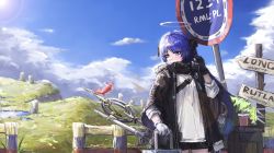 Rule 34 | 1girl, arknights, asymmetrical gloves, backpack, bag, black gloves, black horns, black jacket, blue eyes, blue hair, blue sky, bottle, chinese commentary, cloud, commentary request, day, drink, earbuds, earphones, fence, fur-trimmed jacket, fur trim, gloves, halo, holding, holding earphones, holding suitcase, horns, jacket, leaning on object, long sleeves, mismatched gloves, mostima (arknights), mountain, open clothes, open jacket, oreshki, road sign, scenery, shirt, sign, sky, suitcase, sunlight, trash can, weapon, weapon on back, white gloves, white shirt
